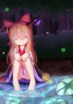  1girl absurdres barefoot bow bush chain closed_eyes dior-zi fireflies forest hair_bow hands_on_knees head_tilt highres horn_ribbon horns ibuki_suika lily_pad long_hair nature orange_hair pyramid_(geometry) ribbon sitting skirt smile soaking_feet solo sphere touhou water wrist_cuffs 
