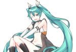  1girl ;d aqua_eyes aqua_hair detached_sleeves hair_ribbon hatsune_miku lio_(rumei2265874644) long_hair navel one_eye_closed open_mouth racequeen ribbon simple_background sitting smile solo very_long_hair vocaloid white_background 