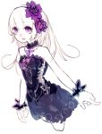  1girl bare_shoulders corset flower gradient hair_flower hair_ornament jewelry lace-trimmed_collar lace-up_top long_hair necklace open_mouth original pale_color pendant pointing riuichi simple_background sketch solo upper_body violet_eyes white_background white_hair wrist_cuffs 