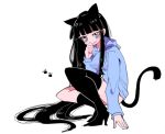  1girl aano_(10bit) animal_ears asymmetrical_legwear black_hair blue_eyes boots breasts cat_ears cat_tail full_body hime_cut hoodie kneehighs long_hair looking_at_viewer naishi-chan original paw_print simple_background single_kneehigh single_thighhigh smile solo squatting tail thigh-highs very_long_hair white_background 