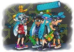  1boy headband inkling multiple_girls open_mouth paint_roller shorts splatoon weapon wong_ying_chee 