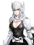  1girl armor belt breasts cleavage fiona_(mabinogi) gauntlets grey_eyes headgear helmet highres long_hair looking_at_viewer mabinogi mabinogi_heroes macline shoulder_pads solo upper_body white_background white_hair 