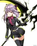  1girl brown_eyes fame_peera gloves hiiragi_shinoa long_hair looking_at_viewer military military_uniform owari_no_seraph purple_hair ribbon scythe skirt smile solo thigh-highs uniform zettai_ryouiki 