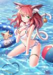  1girl animal_ears ball beachball bell between_breasts bikini bracelet breasts cat cat_ears cat_tail cleavage green_hair hair_ornament hairclip halter_top halterneck hand_between_breasts highres innertube jewelry o-ring_bikini original ranken redhead sitting swimsuit tail tail_bell wariza white_bikini white_swimsuit 