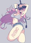  1girl belt blue_eyes bracelet breasts character_name cleavage cropped_legs denim denim_shorts grey_background hat hohehohe jewelry long_hair looking_at_viewer midriff navel poison_(final_fight) purple_hair shorts simple_background solo street_fighter whip 