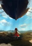  1girl blue_sky blurry bow brown_hair depth_of_field detached_sleeves flying from_behind full_body gohei hair_bow hakurei_reimu highres hsin long_hair mountain palanquin_ship ponytail skirt skirt_set sky solo touhou wind 