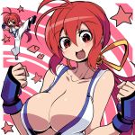  breasts chibi cleavage dougi full_body kara_age karate_gi kicking kung_fu_girl large_breasts m.u.g.e.n martial_arts open_mouth ponytail red_eyes redhead ribbon smile 