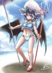  alternate_weapon beach beach_umbrella bikini blue_hair frilled_bikini frills high_heels highres mob_cap o-ring_bikini polearm red_eyes remilia_scarlet ryuuno_stadtfeld short_hair smile swimsuit touhou trident weapon 