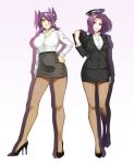  1girl blonde_hair breasts brown_legwear closed_eyes formal full_body gradient gradient_background hand_on_hip headgear high_heels kantai_collection mechanical_halo pantyhose parted_lips pencil_skirt purple_background purple_hair rozario_(akai_rosario) short_hair skirt skirt_suit solo standing suit tatsuta_(kantai_collection) tenryuu_(kantai_collection) violet_eyes 