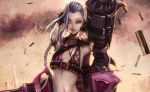  1girl bikini_top black_gloves blue_hair braid bullet character_name duto gloves highres jewelry jinx_(league_of_legends) league_of_legends lips long_hair looking_at_viewer navel necklace one_eye_closed red_eyes solo tattoo twin_braids upper_body very_long_hair weapon 