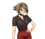  1girl alternate_costume black_eyes breasts brown_hair choker glasses hairband high_heels highres kantai_collection large_breasts looking_at_viewer mutsu_(kantai_collection) office_lady red-framed_glasses short_hair short_sleeves shoumaru_(gadget_box) simple_background smile solo standing white_background 