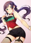  1girl bare_shoulders breasts fishnet_legwear fishnets green_eyes long_hair looking_at_viewer love_live!_school_idol_festival love_live!_school_idol_project mofun purple_hair smile solo thigh-highs toujou_nozomi twintails 