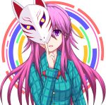  1girl blue_shirt bow fox_mask hakuhou_(ende_der_welt) hata_no_kokoro highres long_hair long_sleeves looking_at_viewer mask one_eye_covered open_mouth pink_hair plaid plaid_shirt shirt smile solo touhou upper_body violet_eyes 