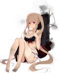  1girl ball barefoot bikini bikini_top black_bikini blonde_hair brown_hair full_body kantai_collection kujou_ichiso long_hair machinery murasame_(kantai_collection) official_art red_eyes skirt smile solo swimsuit thigh_strap torn_bikini torn_clothes torn_skirt torpedo transparent_background turret twintails 