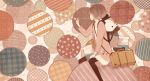  1girl abstract animal_backpack backpack bag black_legwear brown_hair bubble bubble_blowing checkered commentary_request cookie food holding jacket jar lace looking_to_the_side mitsuki_mouse open_clothes open_jacket original polka_dot sepia sitting star striped suitcase water 