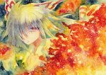  1girl fire fujiwara_no_mokou hair_over_one_eye hair_ribbon qqqrinkappp red_eyes ribbon sad silver_hair solo tears touhou traditional_media 