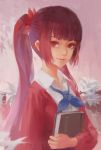  1girl artist_name book dongfang_zhizi flower highres jn3 looking_at_viewer original red_eyes redhead ribbon smile solo twintails 