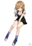  1girl aqua_eyes between_legs blue_legwear brown_hair can dated hand_between_legs looking_at_viewer miyamori_aoi pisuke shirobako shoes short_hair signature simple_background sitting sneakers socks solo white_background 