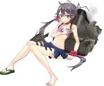  1girl akebono_(kantai_collection) anchor anklet bag bikini drew_(drew213g) fallen_down flower frills hair_ornament jewelry kantai_collection looking_at_viewer machinery official_art purple_hair ribbon sandals school_uniform serafuku side_ponytail skirt smoke solo swimsuit torn_clothes torpedo violet_eyes 