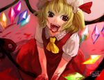  1girl ascot blonde_hair blood blood_in_mouth blood_on_face crystal dated fangs flandre_scarlet gradient gradient_background hat hat_ribbon itirirenn laevatein looking_at_viewer mob_cap puffy_sleeves red_background red_eyes ribbon shirt short_hair short_sleeves side_ponytail signature skirt skirt_set smile solo touhou vest wings 
