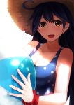  1girl ahoge akabane_rin ball beachball black_hair breasts hat highres kantai_collection long_hair looking_at_viewer polka_dot polka_dot_swimsuit simple_background smile solo straw_hat swimsuit upper_body ushio_(kantai_collection) white_background wrist_scrunchie yellow_eyes 