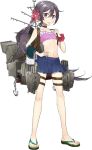  1girl akebono_(kantai_collection) anchor anklet bag bikini drew_(drew213g) flower frills hair_ornament jewelry kantai_collection looking_at_viewer machinery official_art purple_hair ribbon sandals school_uniform serafuku side_ponytail skirt solo swimsuit torpedo violet_eyes 