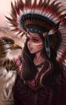  1girl bird brown_eyes duong_tich_vi eagle email_address feathers headdress highres lips long_hair native_american native_american_headdress parted_lips watermark 