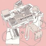  1girl briefcase closed_eyes computer frilled_skirt frills headphones instrument laptop listening_to_music mary_janes mitsuki_mouse multiple_monochrome original pink_background playing_instrument plug school_uniform sepia serafuku shoes short_sleeves simple_background sitting skirt synthesizer tagme wire 