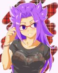  1girl adjusting_glasses bespectacled bracelet contemporary glasses grin highres jewelry jun&#039;you_(kantai_collection) kantai_collection long_hair purple_hair red-framed_glasses sa_(pixiv1224248) smile solo spiky_hair t-shirt violet_eyes 