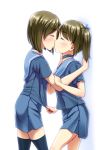  2girls brown_hair closed_eyes jakelian kiss multiple_girls original school_uniform thigh-highs wall_slam yuri 