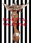  1girl absurdres barefoot belt breasts cape character_name dark_skin full_body guilty_gear guilty_gear_xrd hat highres hohehohe long_hair looking_at_viewer midriff navel parted_lips ramlethal_valentine shorts solo striped striped_background thigh_strap under_boob white_hair yellow_eyes 
