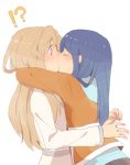  !? 2girls blonde_hair blue_hair blush closed_eyes fujino_shizuru hug kiss kuga_natsuki long_hair long_sleeves multiple_girls my-hime surprised tuhut upper_body very_long_hair white_background yuri 