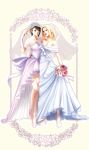  2girls :o alternate_hairstyle bare_shoulders blonde_hair bouquet braid bridal_gauntlets bridal_veil brown_hair couple dress facial_mark flower forehead_mark full_body hand_on_another&#039;s_hip highres may_c multiple_girls nail_polish naruto open_mouth pink_shoes shared_veil shizune_(naruto) shoes short_hair side_braid strapless_dress tsunade veil very_short_hair wedding_dress white_dress white_shoes wife_and_wife yuri 