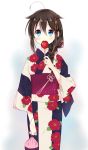  1girl black_hair blue_eyes braid candy_apple hair_ornament highres japanese_clothes kantai_collection kimono long_hair naoto_(tulip) pouch shigure_(kantai_collection) yukata 