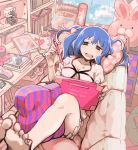  1girl bag_of_chips bloomers blue_eyes blue_hair blue_sky blush book bookshelf breasts character_doll cleavage clouds computer computer_mouse couch feet heart heterochromia highres kaneki_ken long_hair lying manga_(object) on_back open_mouth pajamas pencil pillow red_eyes sayu_(migiu) sky smile solo stuffed_animal stuffed_bunny stuffed_toy toes tokyo_ghoul tokyo_ghoul:re twintails underwear window yonebayashi_saiko 