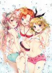  3girls :d ;d absurdres anchor_symbol arm_around_waist ass back bandeau bangle bikini bikini_top blonde_hair blue_background blue_bikini blue_eyes blush bow bracelet breasts brown_hair cleavage collarbone droplets ears fingernails flower green_bow grin groin hair_bow hair_ribbon halterneck highres jewelry koizumi_hanayo kousaka_honoka leaning_forward long_fingernails long_hair looking_at_viewer looking_back love_live!_school_idol_project minami_kotori miwabe_sakura multicolored_nail_polish multiple_girls nail_polish navel necklace one_eye_closed one_side_up open_mouth orange_hair pink_eyes pink_nails red_bikini ribbon scan shiny shiny_clothes shiny_hair shiny_skin short_hair short_shorts shorts smile strap_gap string_bikini swimsuit thigh_gap under_boob water water_droplets white_bikini white_swimsuit yellow_bow yellow_eyes 