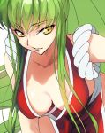  1girl breasts c.c. cleavage code_geass collarbone creayus green_hair japanese_clothes king_of_fighters long_hair parted_lips shiranui_mai shiranui_mai_(cosplay) sleeveless smile solo yellow_eyes 
