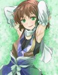  1girl armpits brown_hair detached_sleeves green_eyes looking_at_viewer mizuhashi_parsee open_mouth pointy_ears scarf short_hair smile solo touhou upper_body yohane 