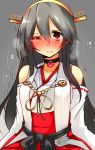  1girl black_hair blush breasts choker detached_sleeves grey_background haruna_(kantai_collection) headgear highres kantai_collection long_hair looking_at_viewer nontraditional_miko one_eye_closed red_eyes solo tears tsukui_kachou 