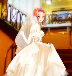  1girl alternate_hairstyle blush bridal_veil dress dress_lift elbow_gloves flower gloves hair_flower hair_ornament hair_up jun&#039;you_(kantai_collection) kantai_collection looking_back photo_background purple_hair r_(shioaji) smile solo stairs veil violet_eyes wedding_dress white_dress white_gloves 