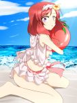  1girl :o avatar_of_fate ball bare_arms beachball bikini_under_clothes blush flower hair_flower hair_ornament hairband highres hoodie looking_at_viewer love_live!_school_idol_project microskirt nishikino_maki redhead short_hair sitting skirt sleeveless sleeveless_hoodie solo swimsuit swimsuit_under_clothes violet_eyes wariza 