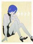  1girl black_skirt blue_eyes blue_hair character_name hair_over_one_eye high_heels kirishima_touka light_smile long_sleeves pumps short_hair sitting skirt solo tokyo_ghoul touyama_maki 