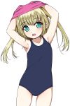  1girl arms_up blonde_hair blush child eyebrows_visible_through_hair green_eyes highres long_hair matsunaga_kouyou open_mouth original school_swimsuit swimsuit twintails undressing white_background 