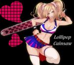  1girl belt blonde_hair blue_eyes breasts candy chainsaw cheerleader cleavage copyright_name food_in_mouth hairband hand_on_hip hohehohe holding_weapon juliet_starling lollipop lollipop_chainsaw looking_at_viewer midriff miniskirt navel skirt smile solo thigh-highs twintails typo white_legwear wristband zettai_ryouiki 