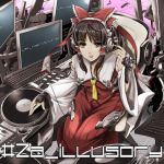  1girl 510ksk adapted_costume armpits ascot bow brown_eyes brown_hair detached_sleeves dj dress flat_gaze hair_bow hair_tubes hakurei_reimu headphones lips long_hair looking_at_viewer phonograph red_dress ribbon short_hair sitting solo touhou turntable 