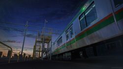  artist_name city clouds commentary dark from_below highres no_humans original railroad_tracks scenery sky star_(sky) tanaka_ryosuke train 