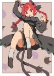  1girl animal_ears arm_up bow braid cat_ears cat_tail convenient_censoring dress extra_ears full_body hair_bow hair_ornament hasebe_yuusaku kaenbyou_rin long_hair long_sleeves multiple_tails open_mouth puffy_sleeves red_eyes redhead socks solo tail touhou twin_braids white_legwear 