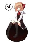  ahoge black_legwear blonde_hair blush capelet collared_shirt darkness heart highres kneehighs loafers looking_at_viewer miniskirt red_eyes rumia sh_(562835932) shirt shoes short_hair sitting_on_object skirt smile socks thought_bubble touhou vest 