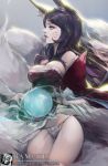  1girl ahri animal_ears artist_name bamuth bare_shoulders black_hair breasts cleavage detached_sleeves email_address fox_ears fox_tail league_of_legends lips long_hair orb panties solo tail underwear watermark web_address whisker_markings 