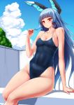  1girl bangs blue_hair blunt_bangs blush breasts covered_navel hair_ribbon headgear ishimura_(ishimura-ya) kantai_collection long_hair looking_at_viewer murakumo_(kantai_collection) one-piece_swimsuit orange_eyes pool popsicle ribbon short_eyebrows solo swimsuit tress_ribbon 